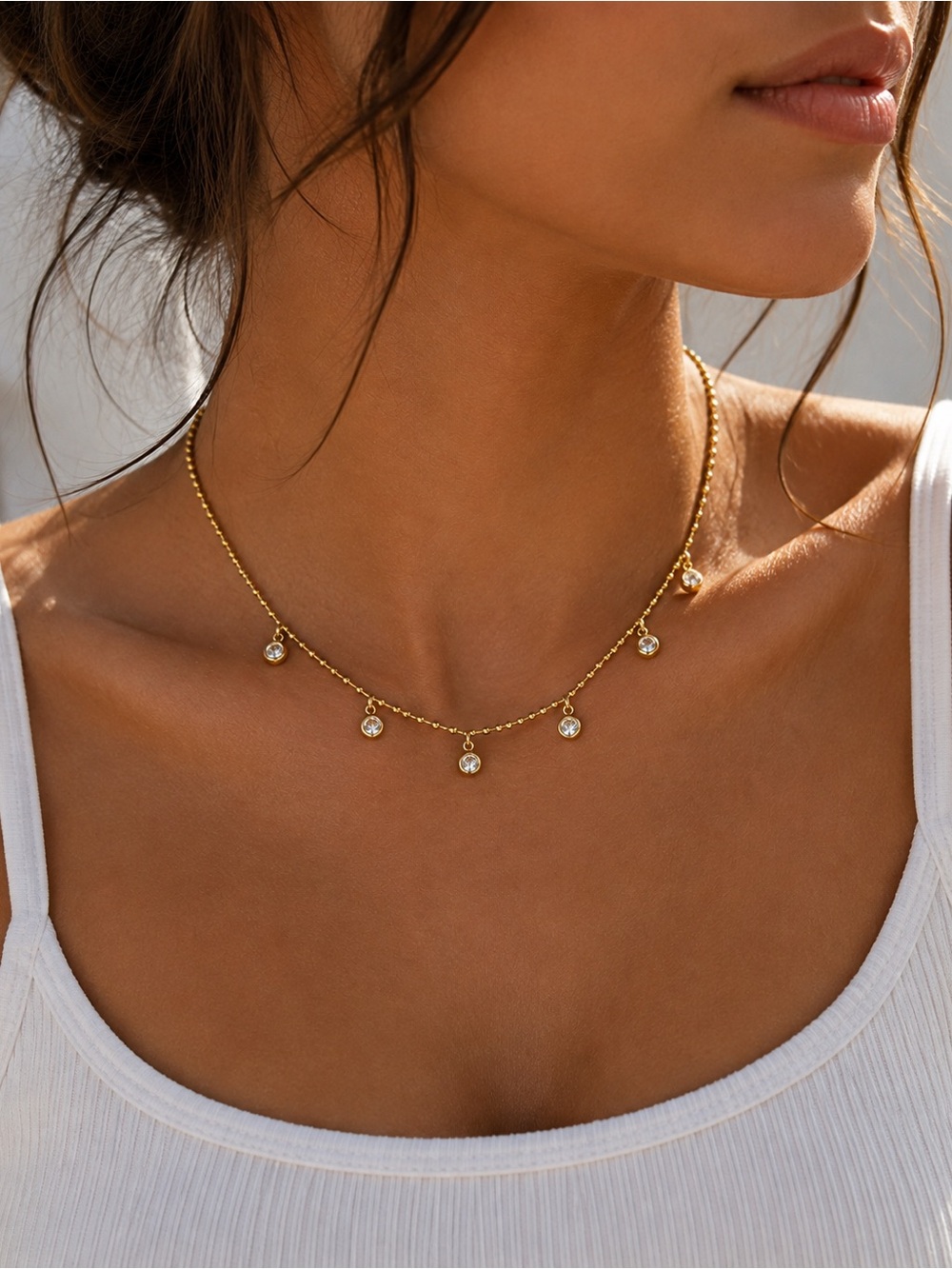 18K Gold Plated Beaded Cubic Zirconia Drop Necklace
